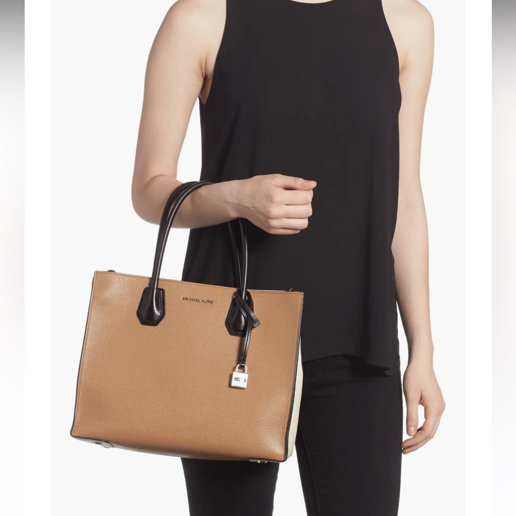 Authentic Michael Kors Mercer Color Block Padlock Leather Tote With Long Strap